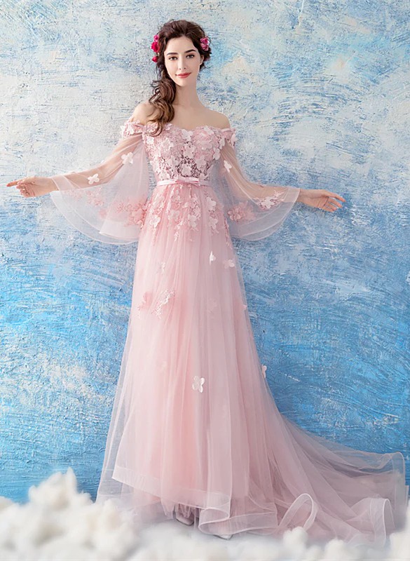 Picture of Pink Flowers and Tulle Long Puffy Sleeves Prom Dresses, Pink Long Party Dresses Evening Dresses